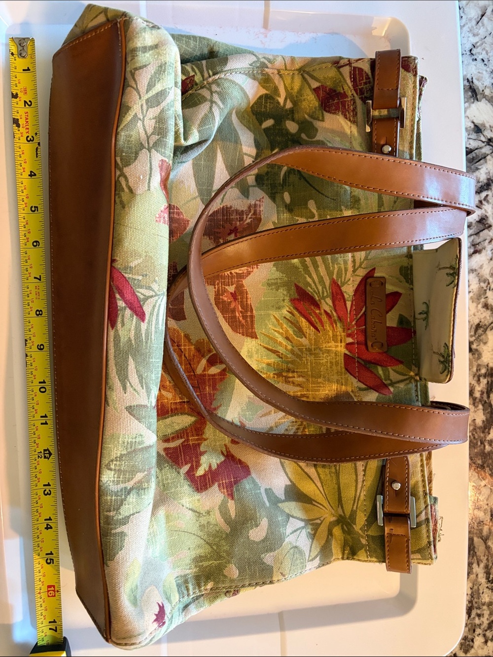 Floral Canvas Tote with Tan Leather Handles